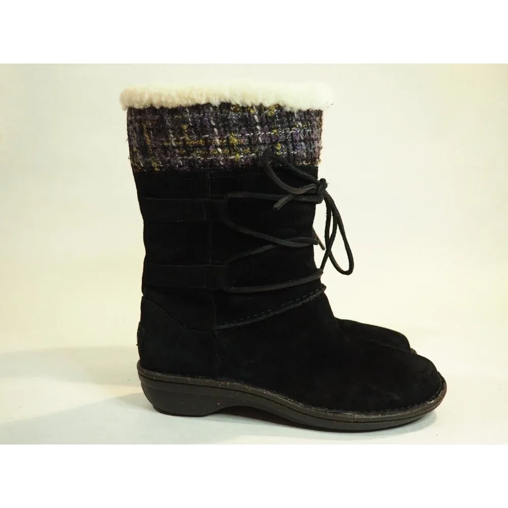Ugg Black Leather Suede Tweed Cuff Sheepskin Lined Laced Boots, Size 9 (US)